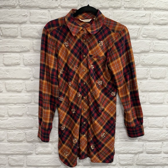 Soft Surroundings Rhinestone Embroidered Fall Orange Button Up Tunic Size Small - Picture 2 of 13